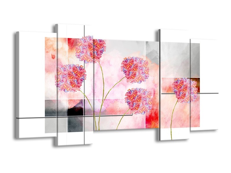 Canvas Schilderij Modern, Bloemen | Grijs, Roze | 120x65cm 5Luik