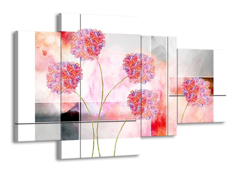 Canvas Schilderij Modern, Bloemen | Grijs, Roze | 120x75cm 4Luik