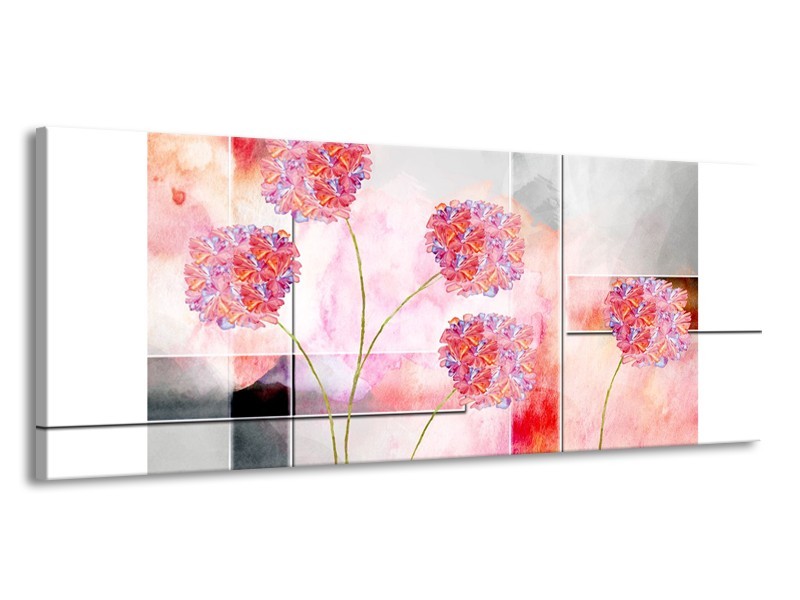 Canvas Schilderij Modern, Bloemen | Grijs, Roze | 145x58cm 1Luik