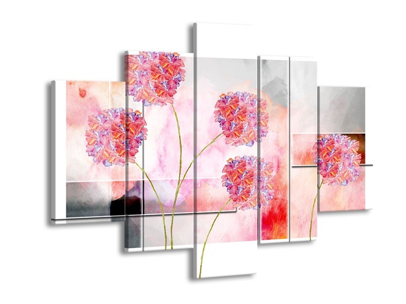 Canvas Schilderij Modern, Bloemen | Grijs, Roze | 150x105cm 5Luik