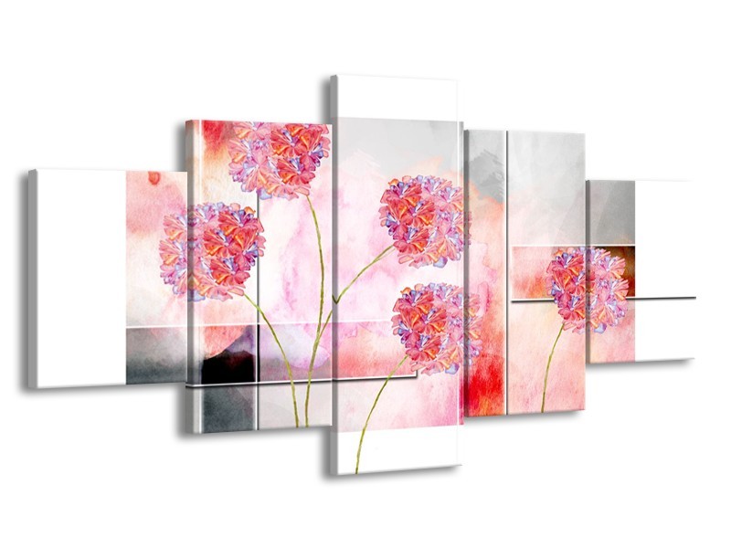 Canvas Schilderij Modern, Bloemen | Grijs, Roze | 150x80cm 5Luik