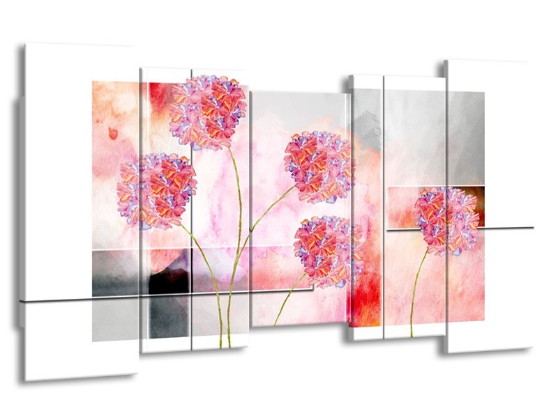 Canvas Schilderij Modern, Bloemen | Grijs, Roze | 150x80cm 5Luik