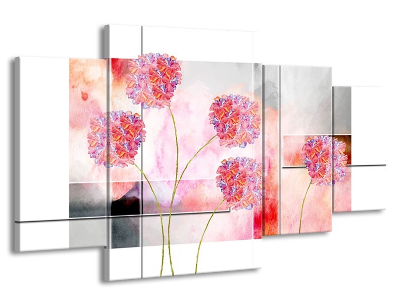 Canvas Schilderij Modern, Bloemen | Grijs, Roze | 160x90cm 4Luik
