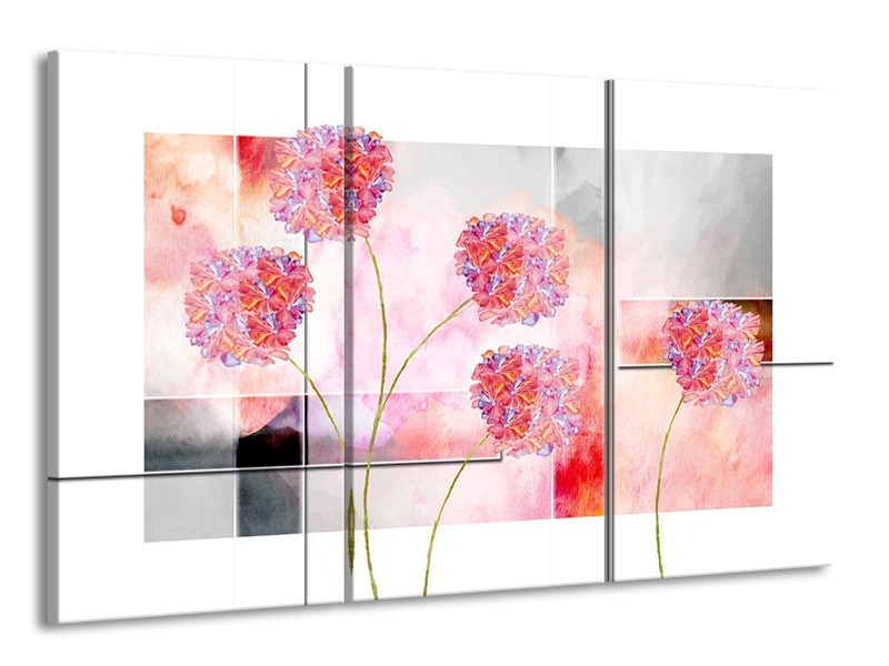 Canvas Schilderij Modern, Bloemen | Grijs, Roze | 165x100cm 3Luik