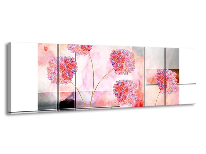 Canvas Schilderij Modern, Bloemen | Grijs, Roze | 170x50cm 3Luik