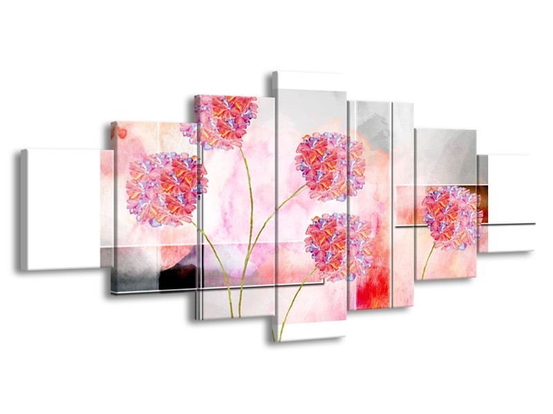 Canvas Schilderij Modern, Bloemen | Grijs, Roze | 210x100cm 7Luik