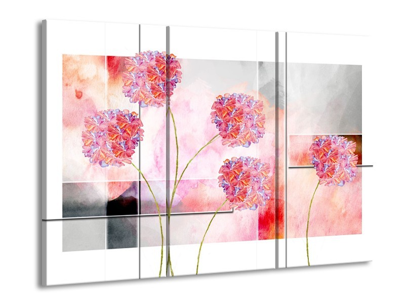 Canvas Schilderij Modern, Bloemen | Grijs, Roze | 60x90cm 3Luik