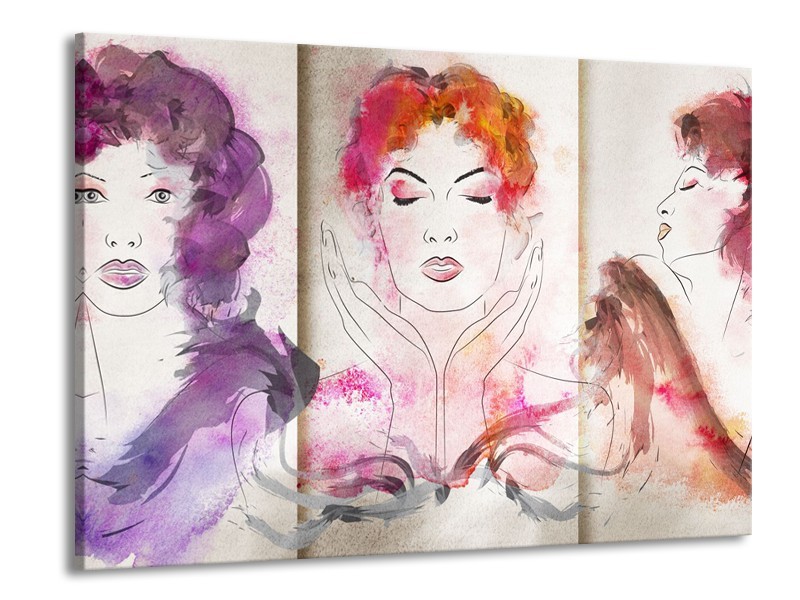 Canvas Schilderij Vrouwen | Crème, Paars, Roze | 100x70cm 1Luik