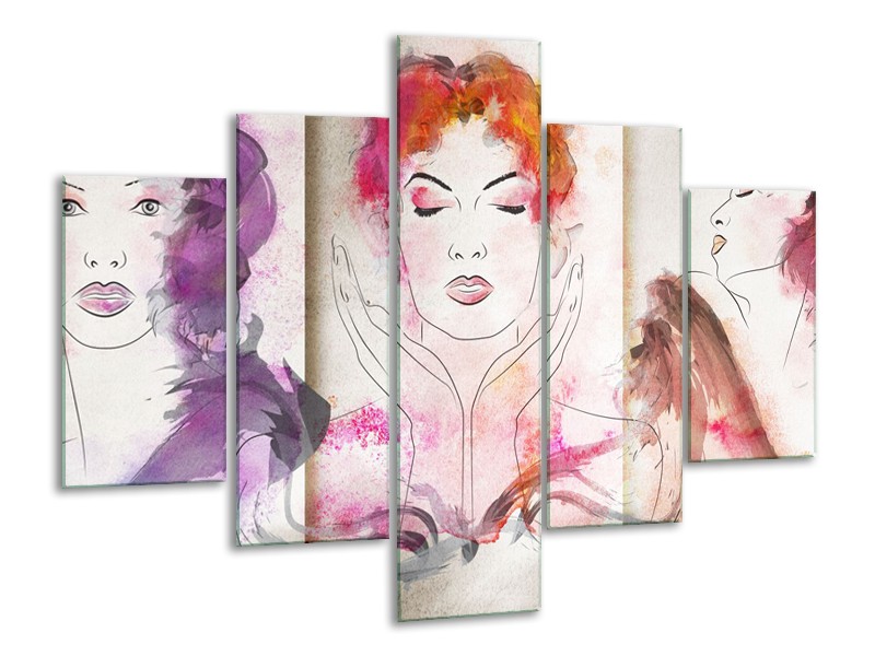 Canvas Schilderij Vrouwen | Crème, Paars, Roze | 100x70cm 5Luik