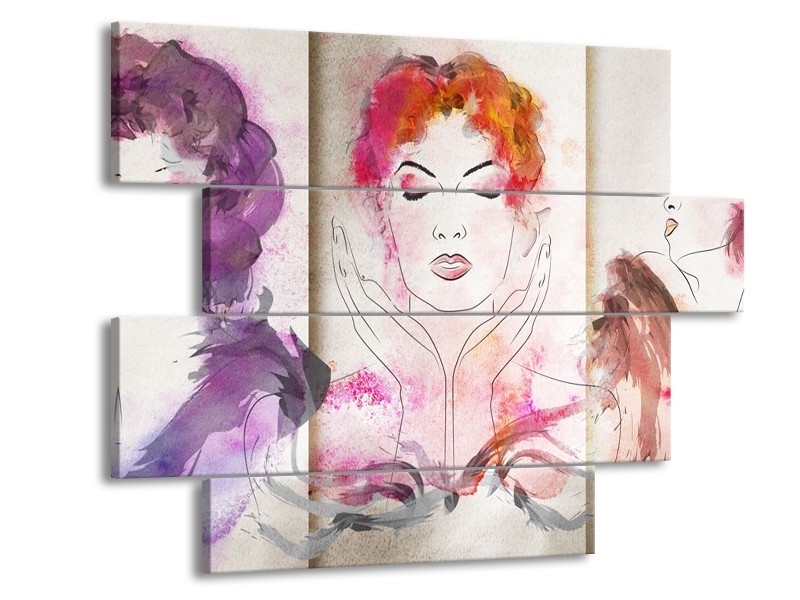 Canvas Schilderij Vrouwen | Crème, Paars, Roze | 115x85cm 4Luik