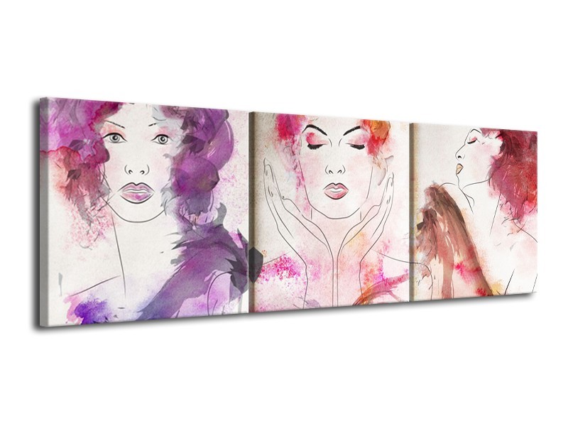 Canvas Schilderij Vrouwen | Crème, Paars, Roze | 120x40cm 3Luik