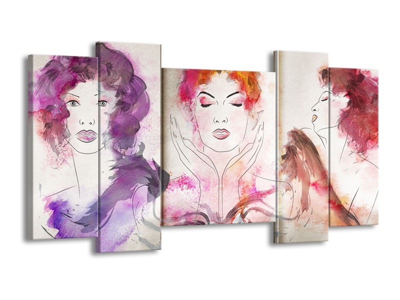 Canvas Schilderij Vrouwen | Crème, Paars, Roze | 120x65cm 5Luik