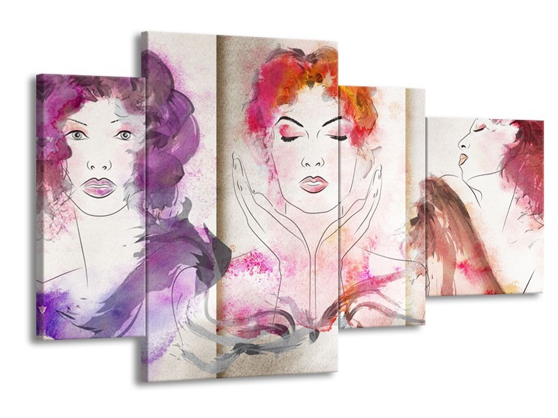Canvas Schilderij Vrouwen | Crème, Paars, Roze | 120x75cm 4Luik