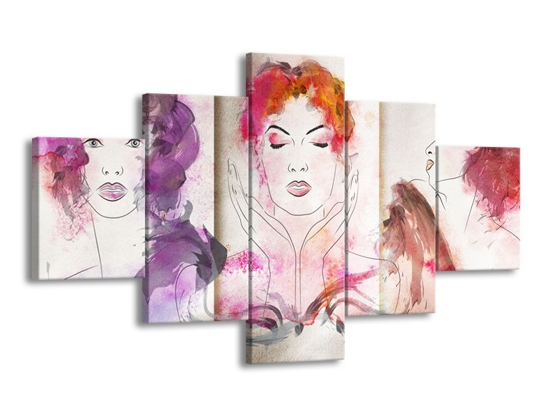 Canvas Schilderij Vrouwen | Crème, Paars, Roze | 125x70cm 5Luik