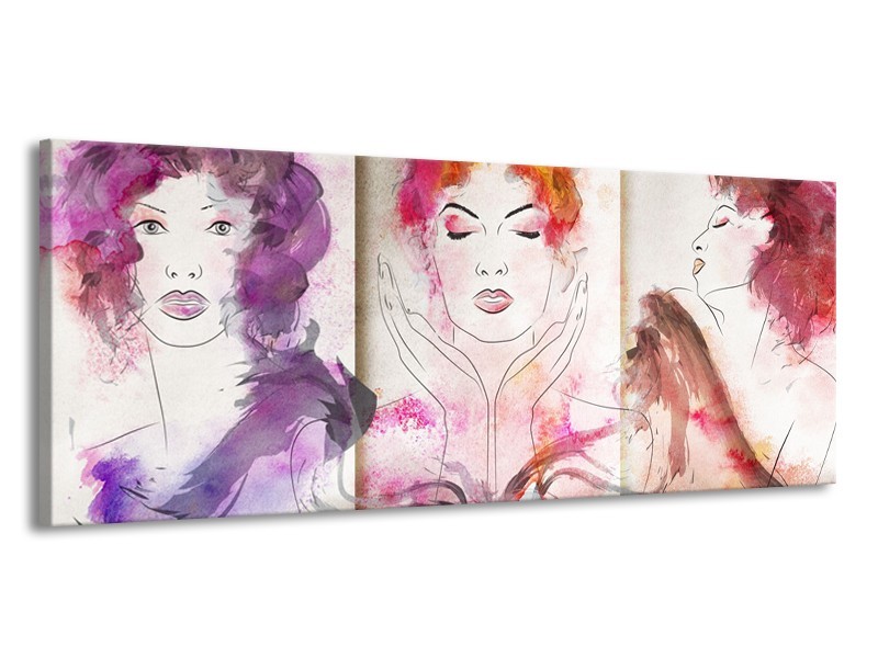 Canvas Schilderij Vrouwen | Crème, Paars, Roze | 145x58cm 1Luik