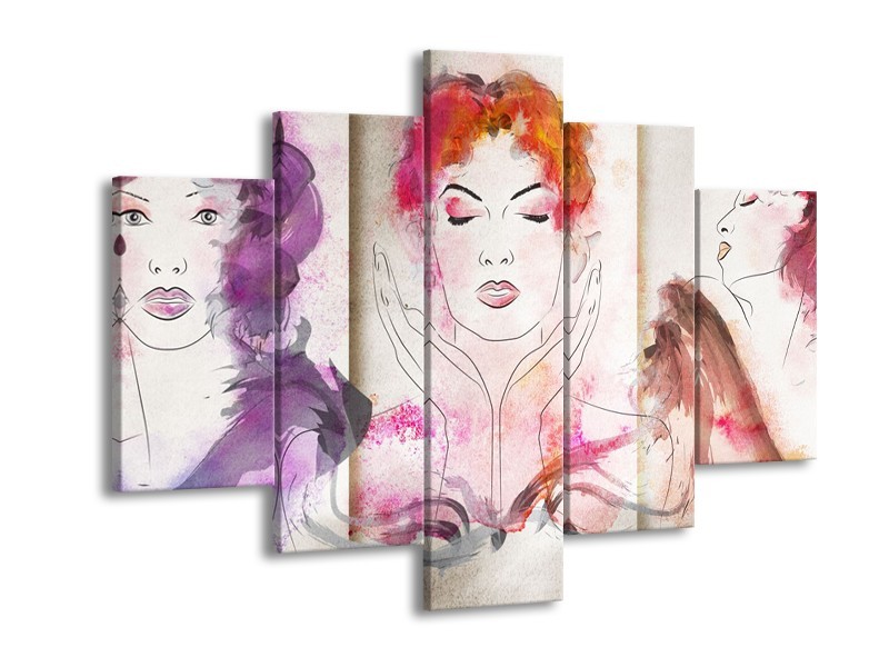 Canvas Schilderij Vrouwen | Crème, Paars, Roze | 150x105cm 5Luik