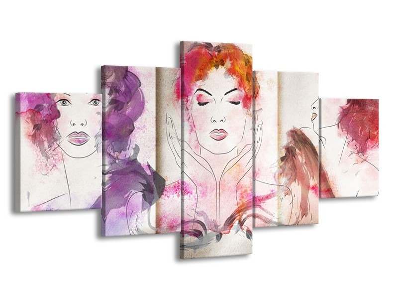 Canvas Schilderij Vrouwen | Crème, Paars, Roze | 150x80cm 5Luik