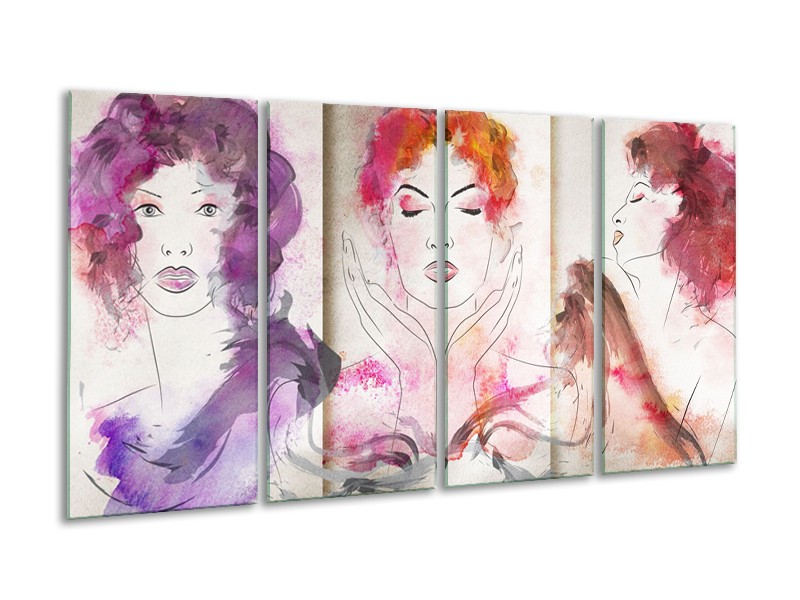 Canvas Schilderij Vrouwen | Crème, Paars, Roze | 160x80cm 4Luik
