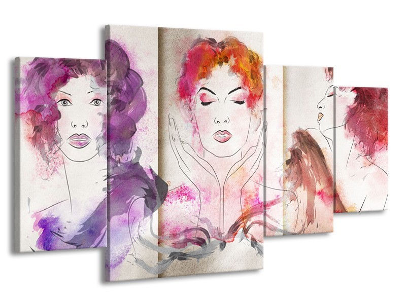 Canvas Schilderij Vrouwen | Crème, Paars, Roze | 160x90cm 4Luik
