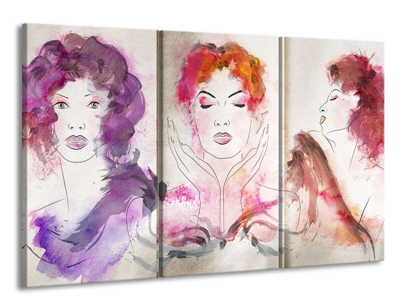 Glasschilderij Vrouwen | Crème , Paars, Roze | 165x100cm 3Luik