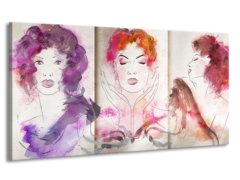 Canvas Schilderij Vrouwen | Crème, Paars, Roze | 170x90cm 1Luik
