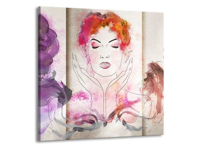 Canvas Schilderij Vrouwen | Crème, Paars, Roze | 50x50cm 1Luik