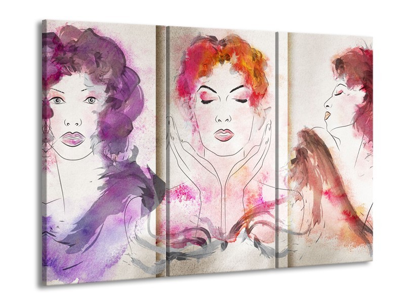 Canvas Schilderij Vrouwen | Crème, Paars, Roze | 60x90cm 3Luik