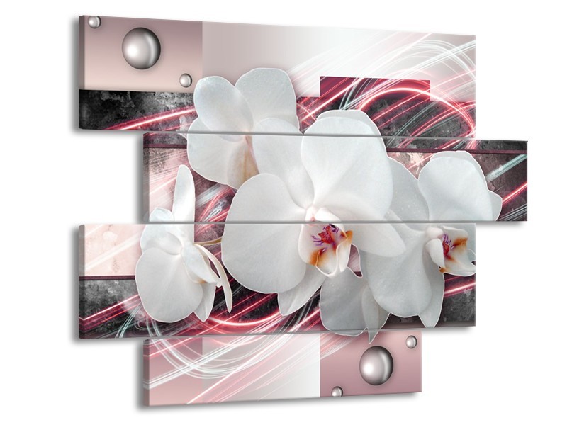 Canvas Schilderij Orchidee, Bloemen | Roze, Grijs, Wit | 115x85cm 4Luik