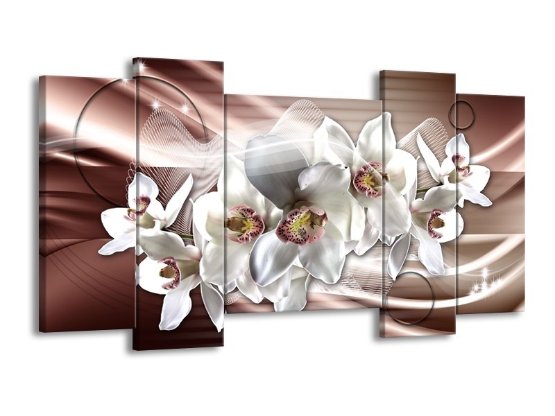 Canvas Schilderij Orchidee, Bloemen | Grijs, Bruin | 120x65cm 5Luik