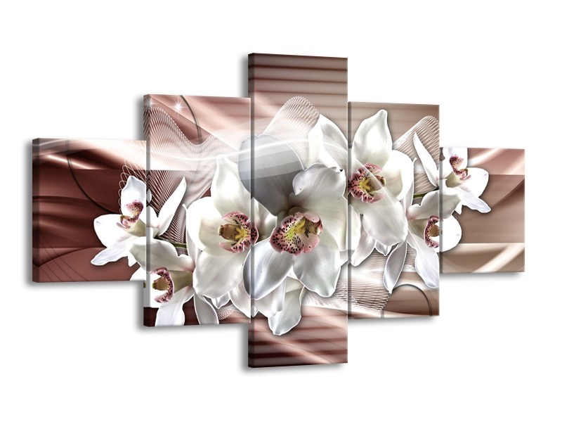 Canvas Schilderij Orchidee, Bloemen | Grijs, Bruin | 125x70cm 5Luik