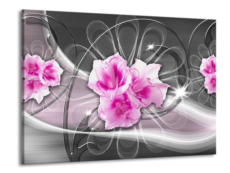 Canvas Schilderij Modern, Bloemen | Grijs, Roze | 100x70cm 1Luik