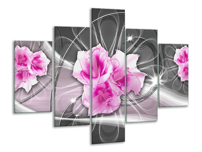 Canvas Schilderij Modern, Bloemen | Grijs, Roze | 100x70cm 5Luik