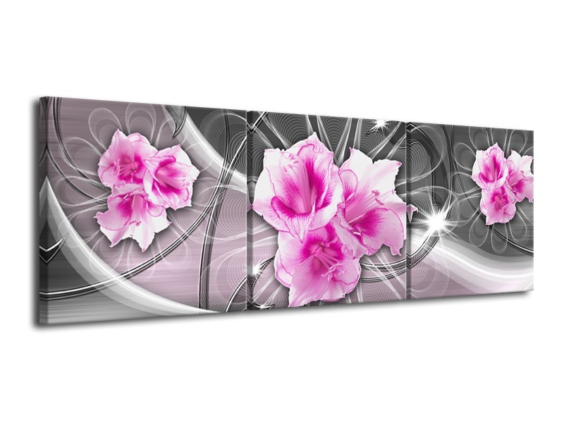 Canvas Schilderij Modern, Bloemen | Grijs, Roze | 120x40cm 3Luik