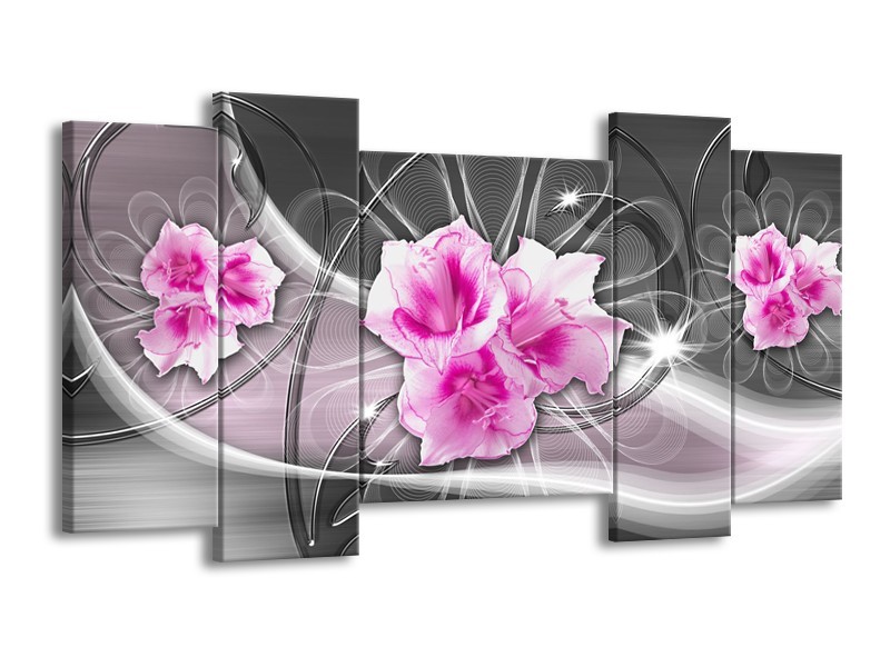 Canvas Schilderij Modern, Bloemen | Grijs, Roze | 120x65cm 5Luik