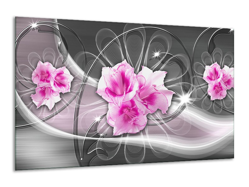 Glasschilderij Modern, Bloemen | Grijs, Roze | 120x70cm 1Luik