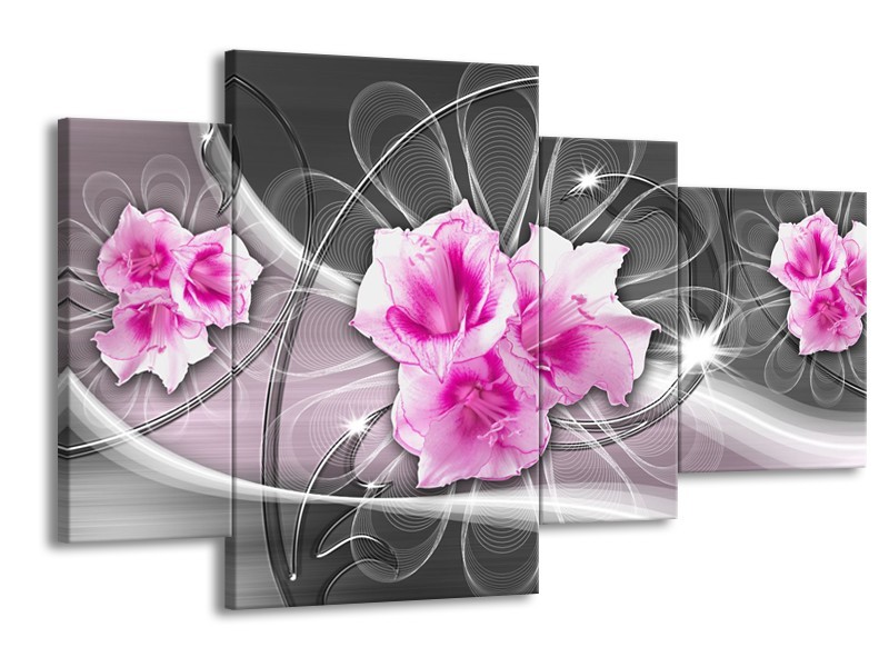 Glasschilderij Modern, Bloemen | Grijs, Roze | 120x75cm 4Luik