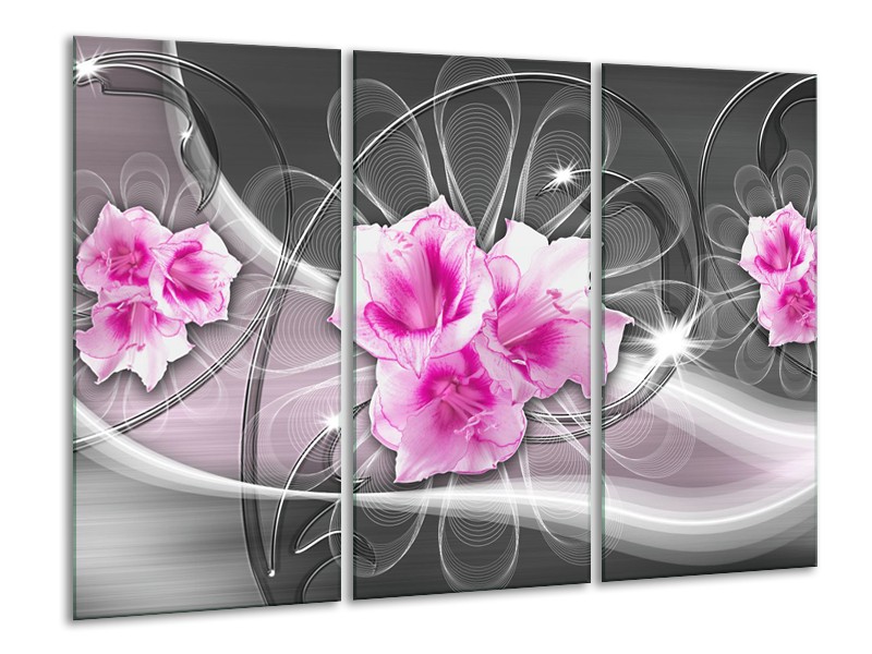 Canvas Schilderij Modern, Bloemen | Grijs, Roze | 120x80cm 3Luik