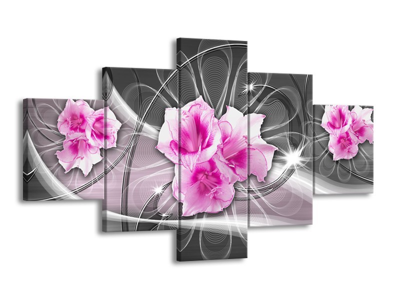 Glasschilderij Modern, Bloemen | Grijs, Roze | 125x70cm 5Luik