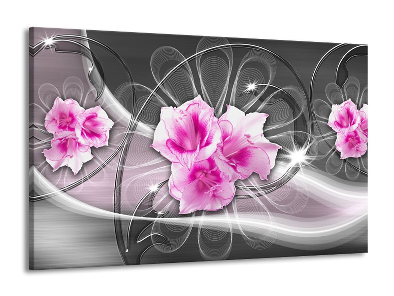 Canvas Schilderij Modern, Bloemen | Grijs, Roze | 140x90cm 1Luik