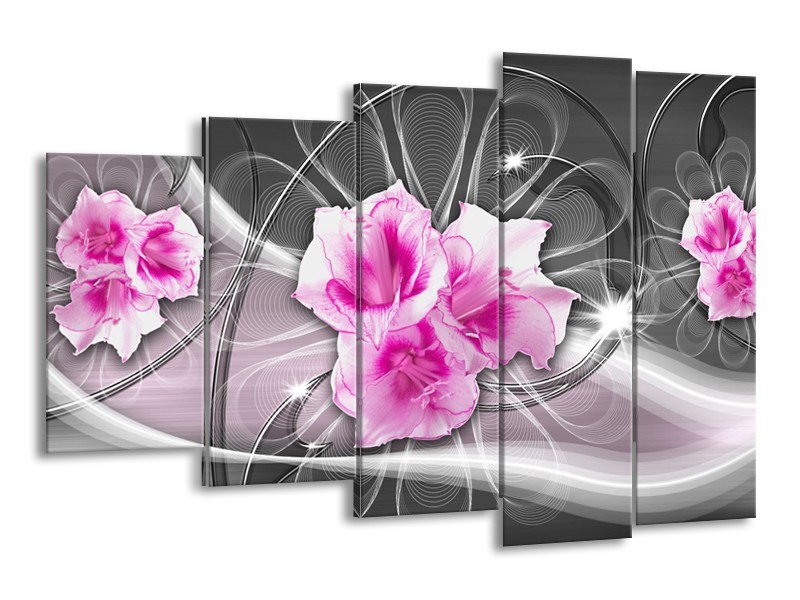 Canvas Schilderij Modern, Bloemen | Grijs, Roze | 150x100cm 5Luik