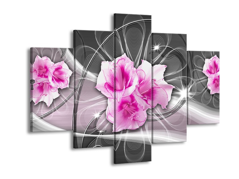 Canvas Schilderij Modern, Bloemen | Grijs, Roze | 150x105cm 5Luik