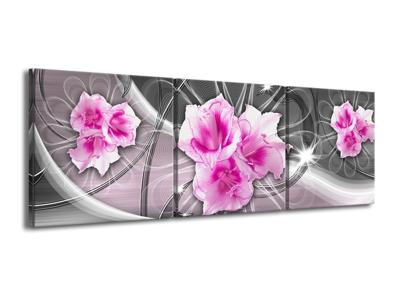 Canvas Schilderij Modern, Bloemen | Grijs, Roze | 150x50cm 3Luik