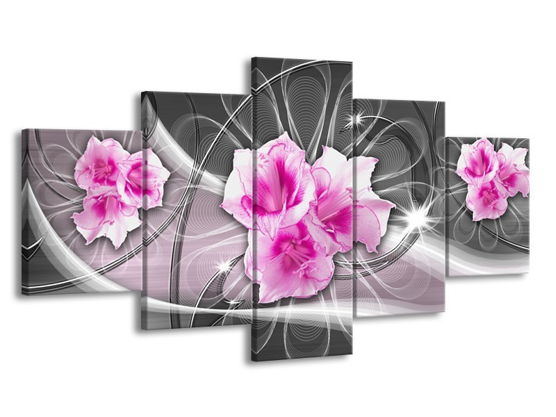 Canvas Schilderij Modern, Bloemen | Grijs, Roze | 150x80cm 5Luik