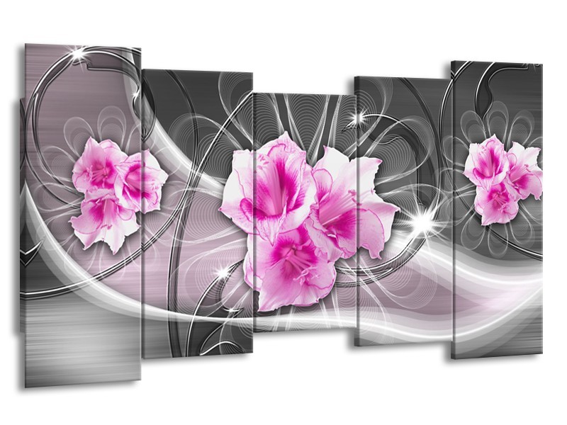 Glasschilderij Modern, Bloemen | Grijs, Roze | 150x80cm 5Luik