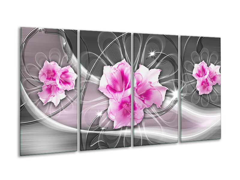 Glasschilderij Modern, Bloemen | Grijs, Roze | 160x80cm 4Luik