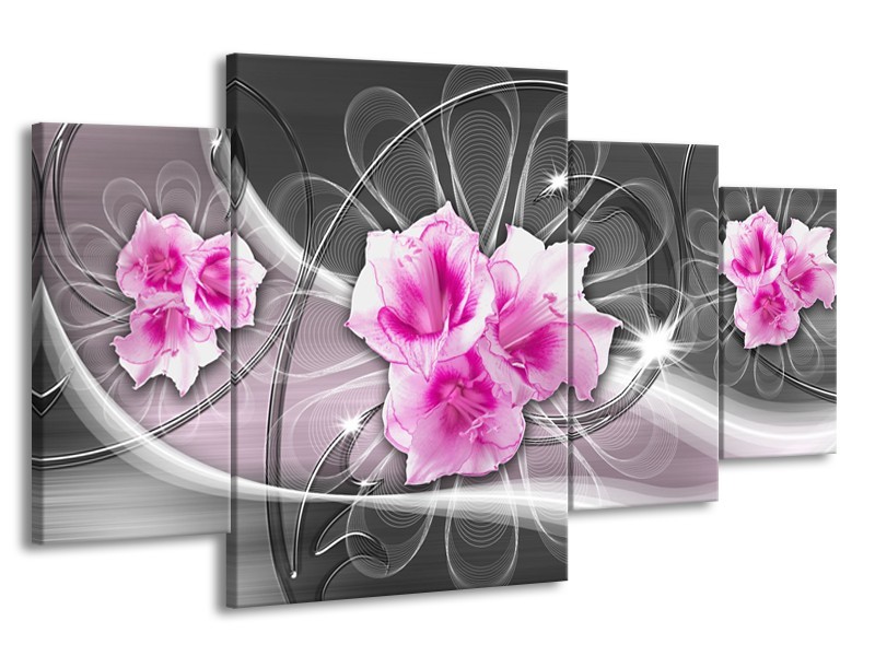 Glasschilderij Modern, Bloemen | Grijs, Roze | 160x90cm 4Luik