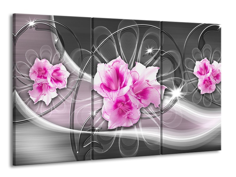 Glasschilderij Modern, Bloemen | Grijs, Roze | 165x100cm 3Luik