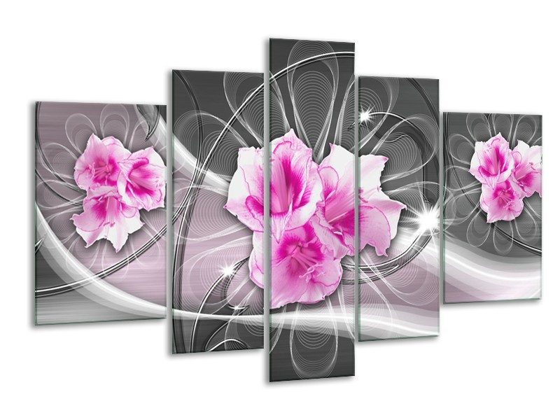 Canvas Schilderij Modern, Bloemen | Grijs, Roze | 170x100cm 5Luik