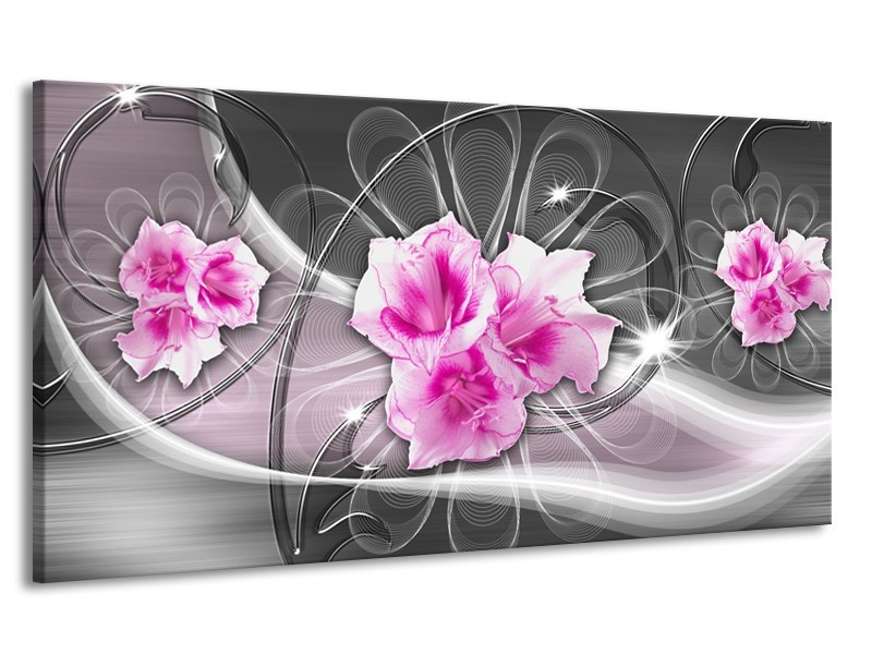 Canvas Schilderij Modern, Bloemen | Grijs, Roze | 170x90cm 1Luik