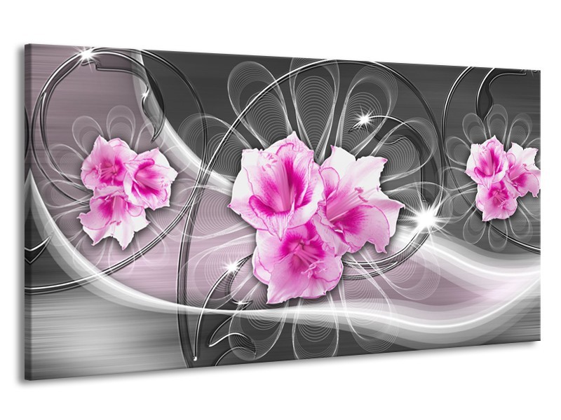 Canvas Schilderij Modern, Bloemen | Grijs, Roze | 190x100cm 1Luik